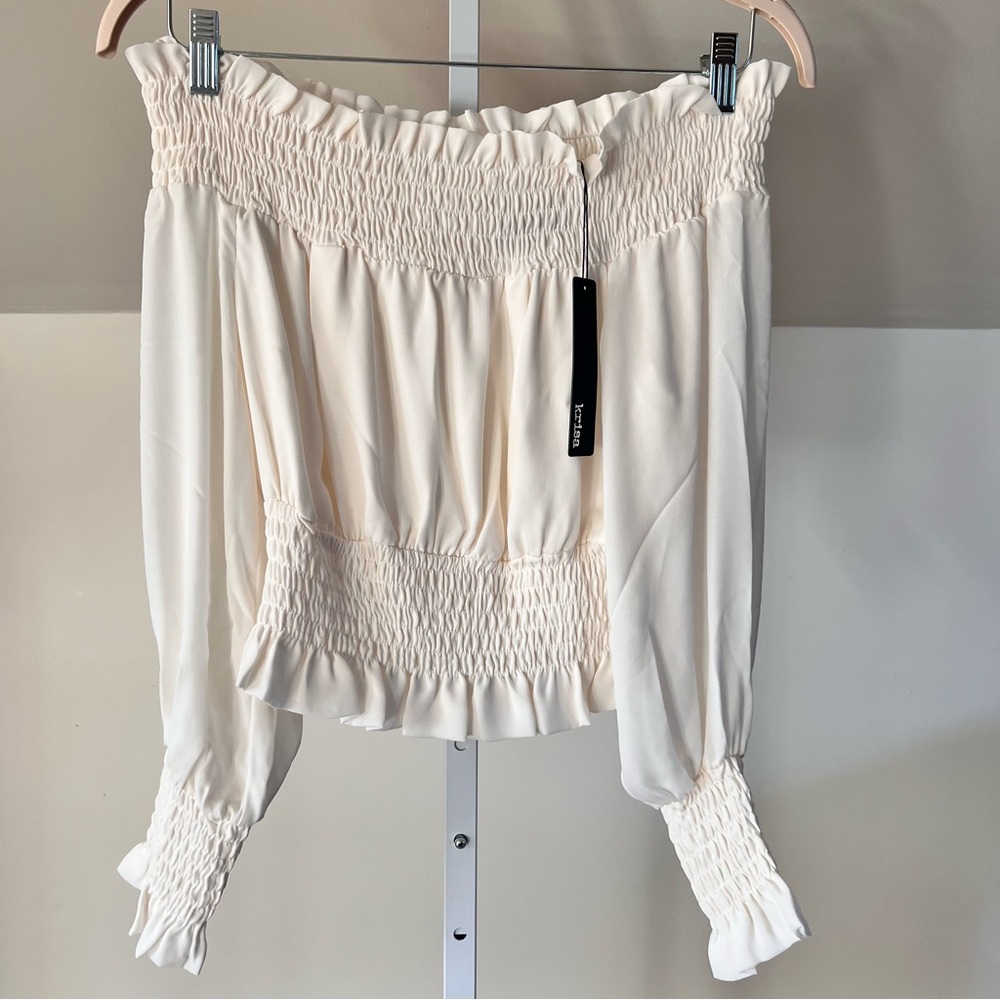 Revolve Krisa White Smocked Off-Shoulder Long Sleeve Blouse Small New Bohemian - Picture 4 of 7